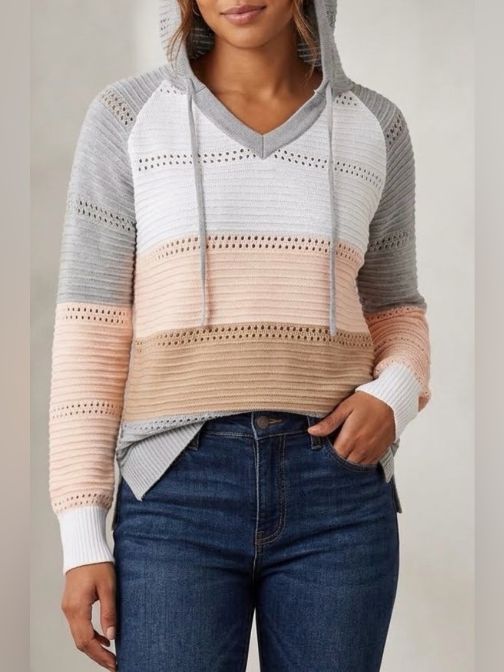 Women's Stripe Hooded Knit Sweater in Gray, White & Blush
